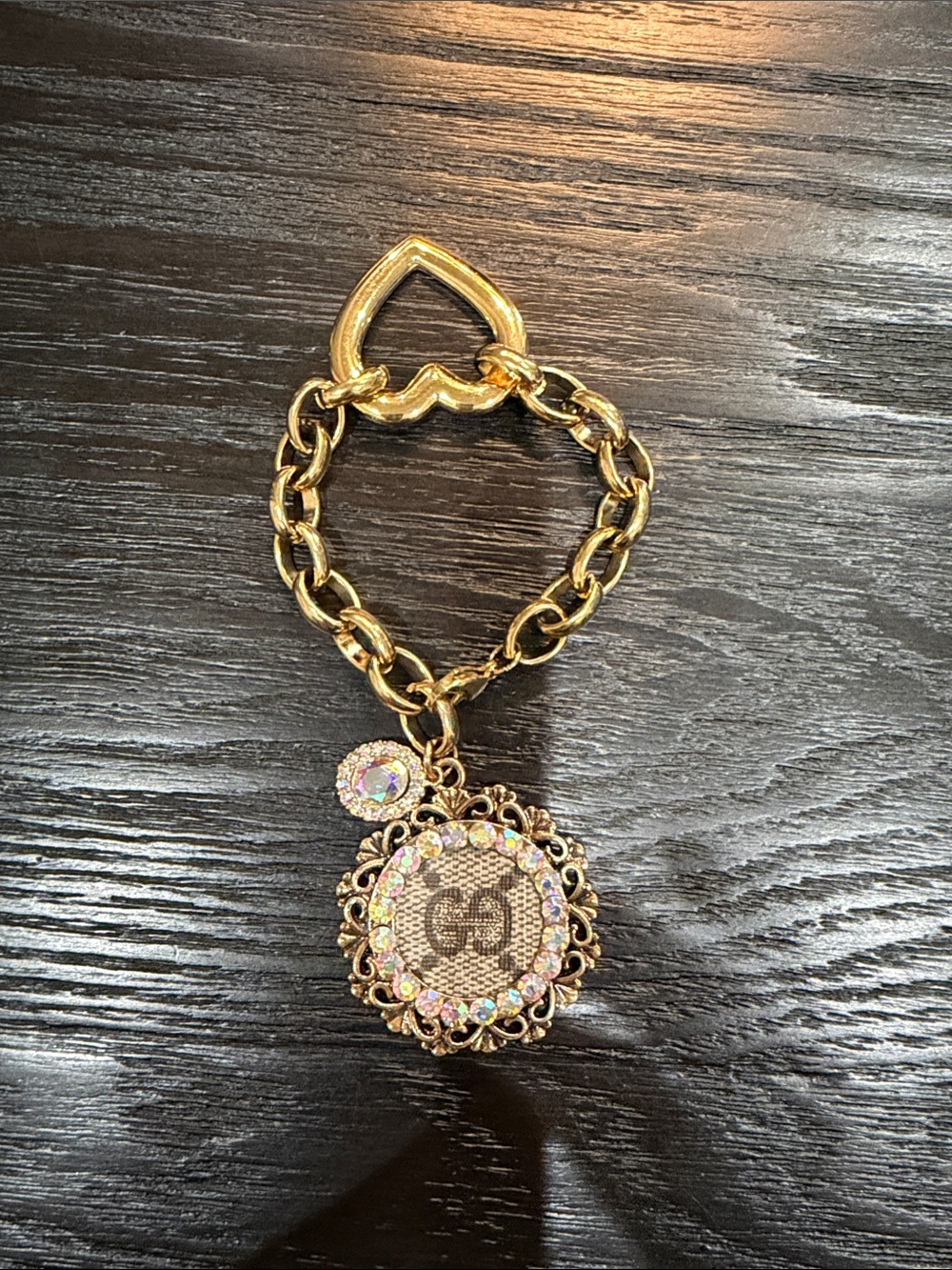 7” Gold-Tone Heart Chain Charm Bracelet with up-cycled GG Crystal Pendant
